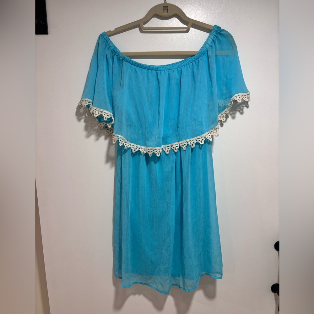 Charming Charlie Blue Mini Dress with White Lace Trim